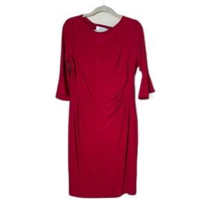 NWT Kasper Body Con Red Dress Ruched Flare Sleeve Festive Large Stretch Work